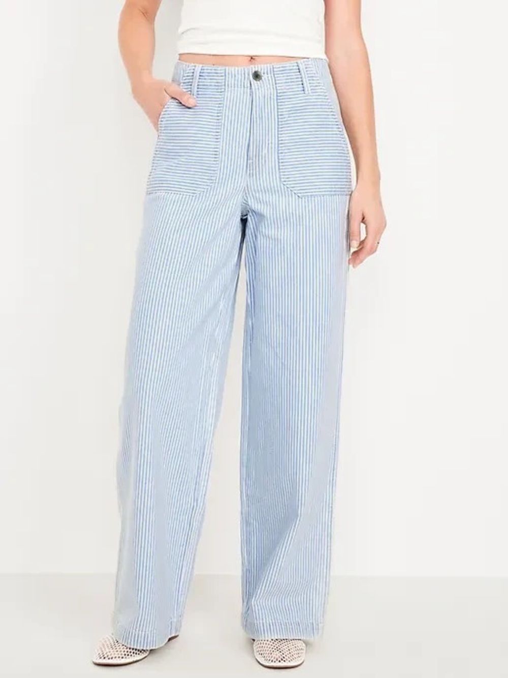 Light Blue & White Pinstripe Wide Leg Pants